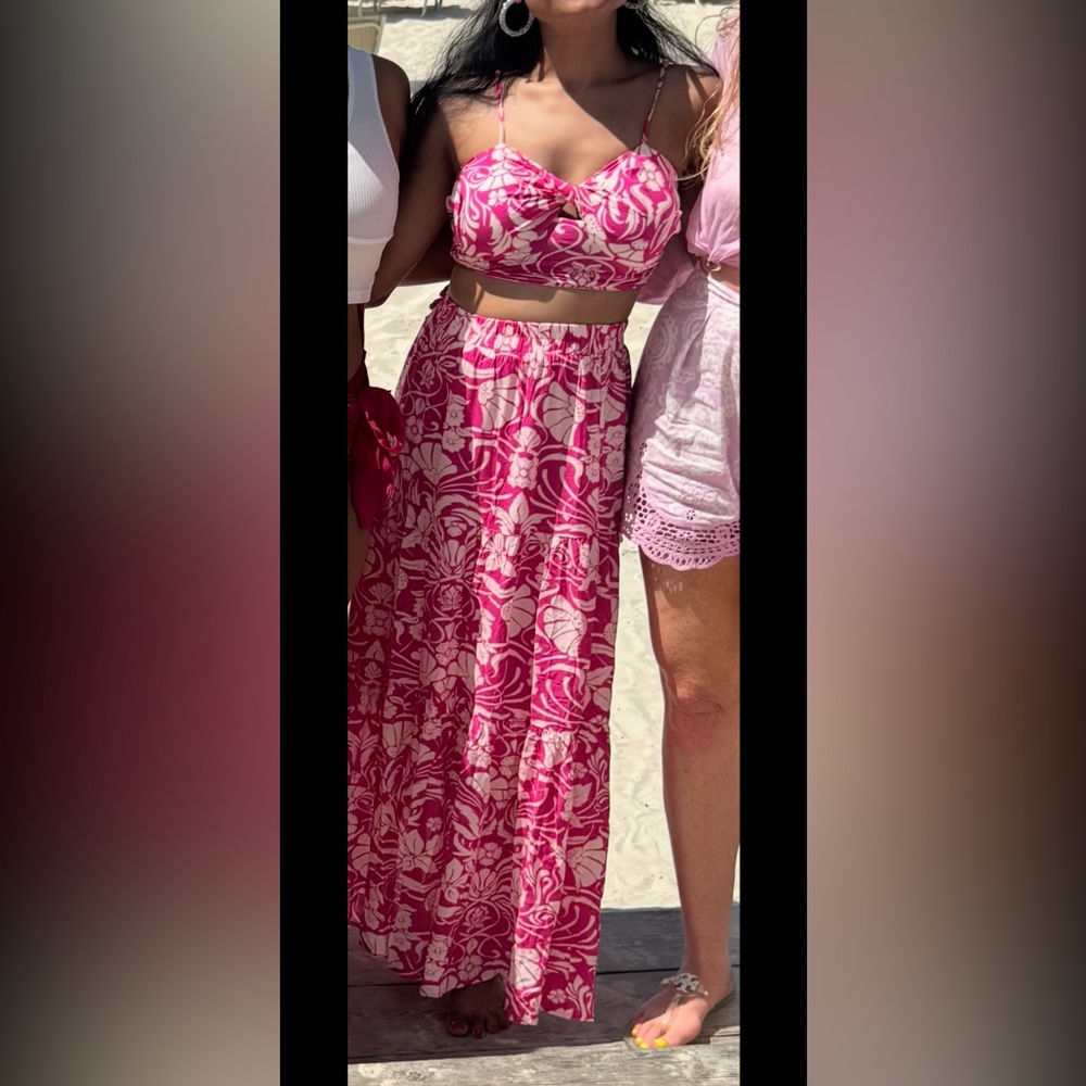Pink Lily Vibrant Pink and Cream Crop Top and Long Skirt